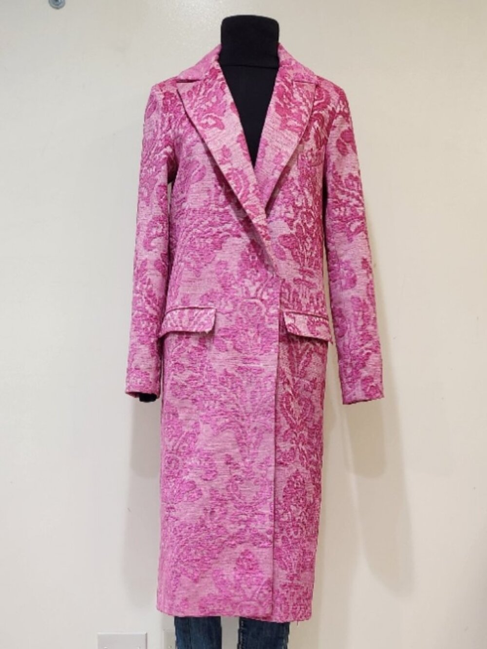 🦋🔥💋UBER GORGE!💋🦋🔥70's Inspired Pink Floral Jacquard Tapestry Trench Coat - Picture 3 of 16